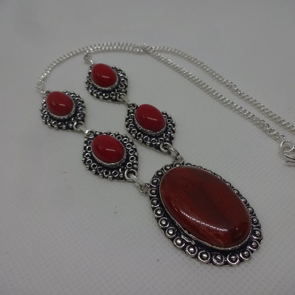 Gorgeous "POPPY JASPER & RED CORAL" Handmade Sterling Necklace 20" #732 - Picture 2 of 3